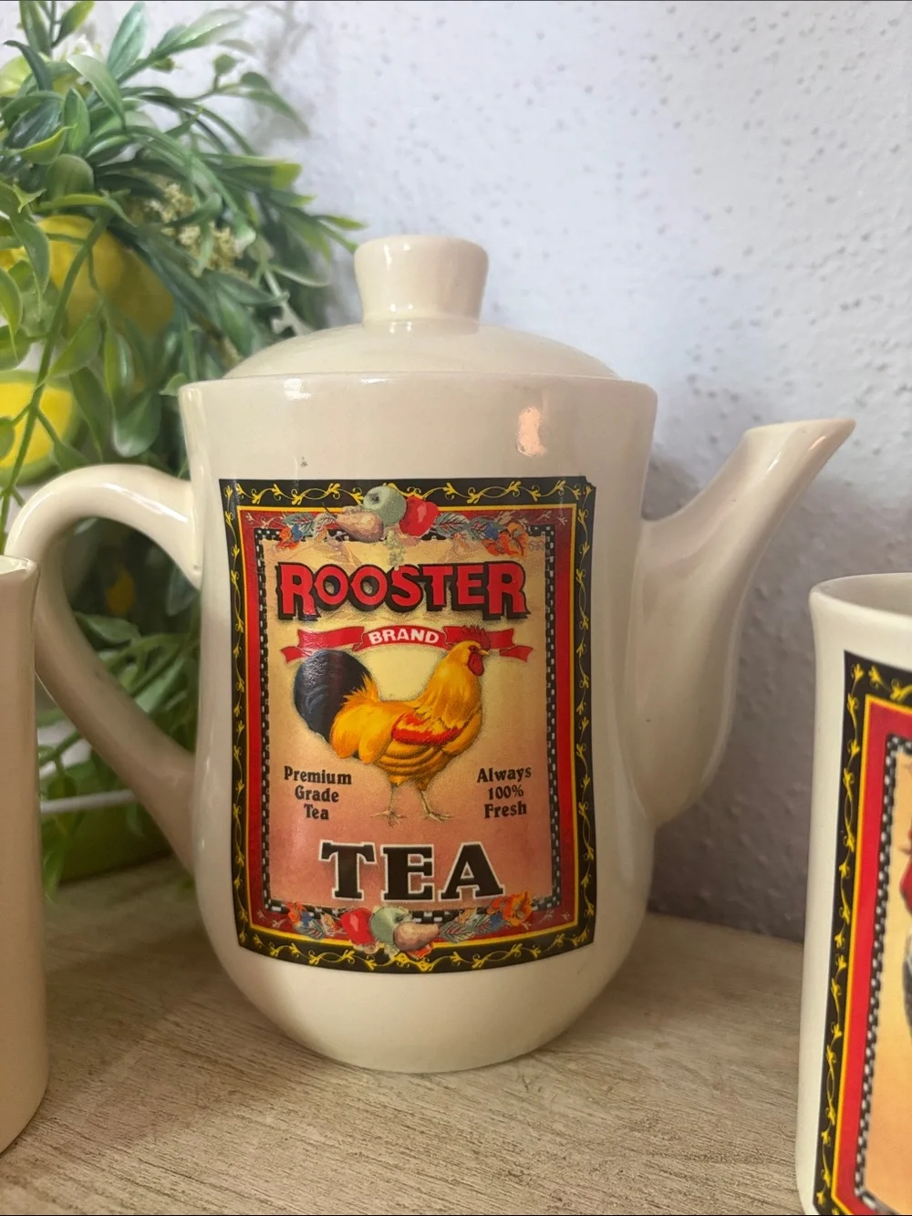 🍋Bay Island Rooster Ceramic Teapot and Mug Set - Cream and Yellow Accent
